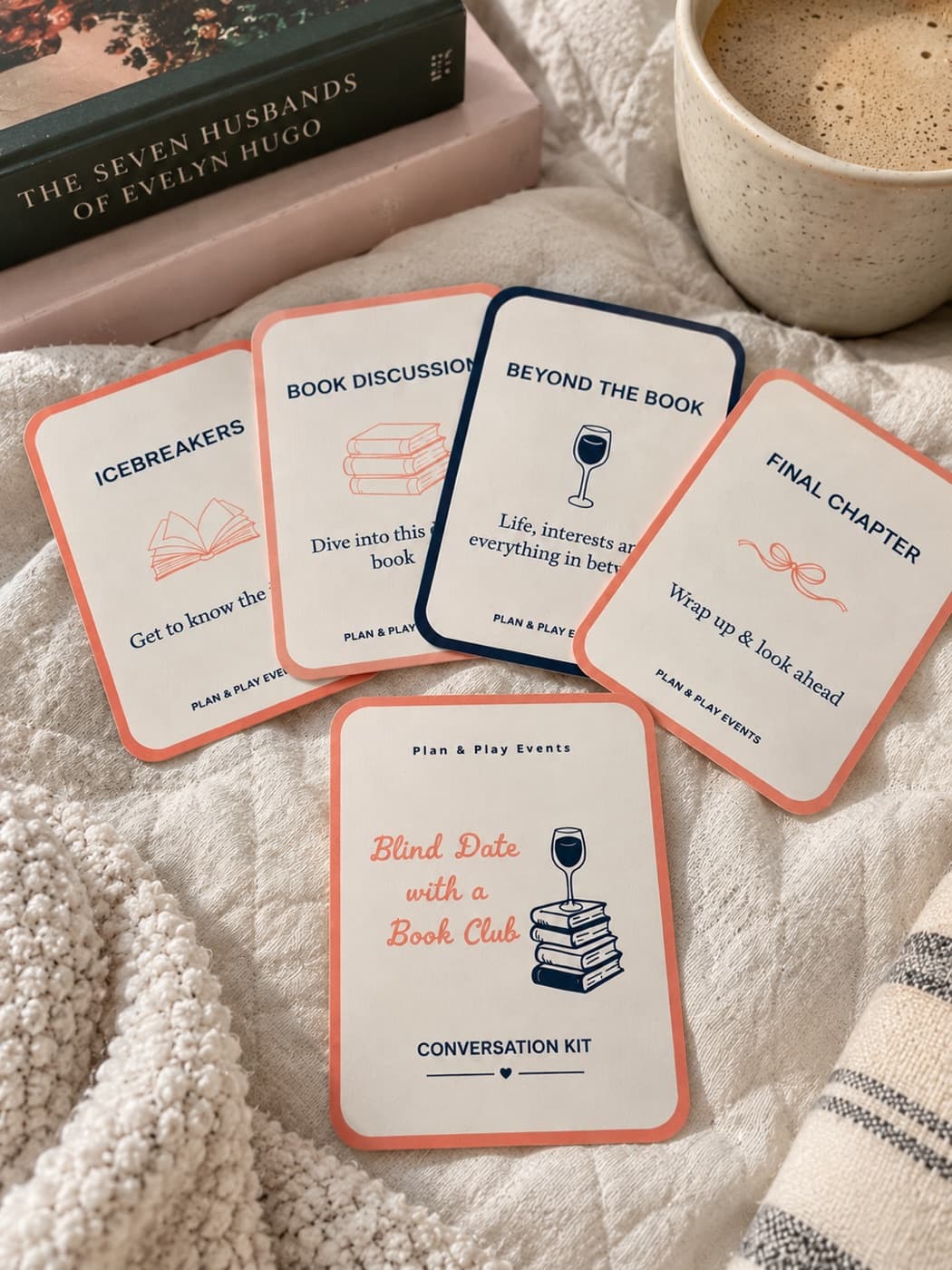 Conversation kit cards fanned out: Icebreakers, Book Discussion, Beyond the Book, and Final Chapter