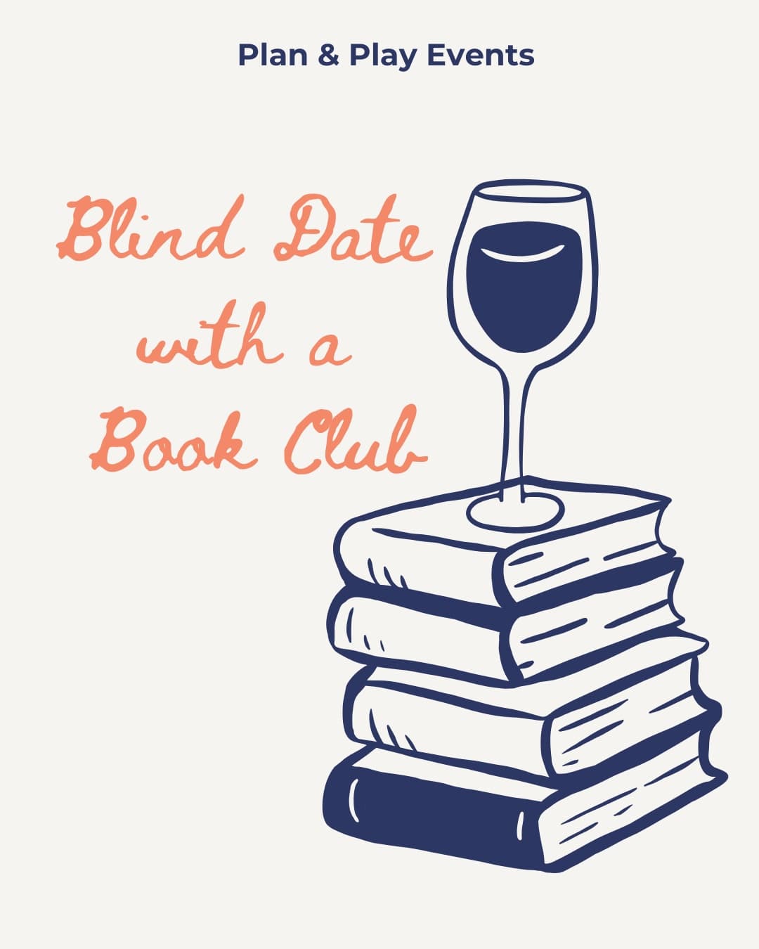 Blind Date with a Book Club flyer — a stack of books with a glass of wine balanced on top